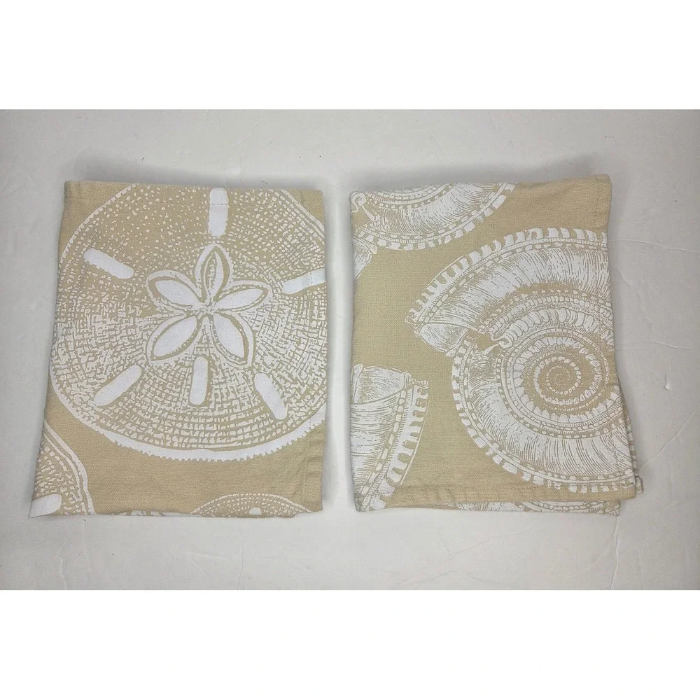 Mud Pie Coastal Dish Hand Towels Set Tan White Sand Dollar Seashell 100% Cotton